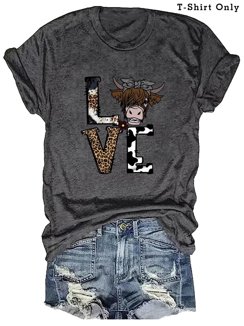 Product Introduction of Plus Size Leopard Letter & Cow Print Round Neck Tee, Fashion Casual Crew Neck Short Sleeve T-shirt for Daily Outdoor Wear, Women Plus Clothing for Summer 1
