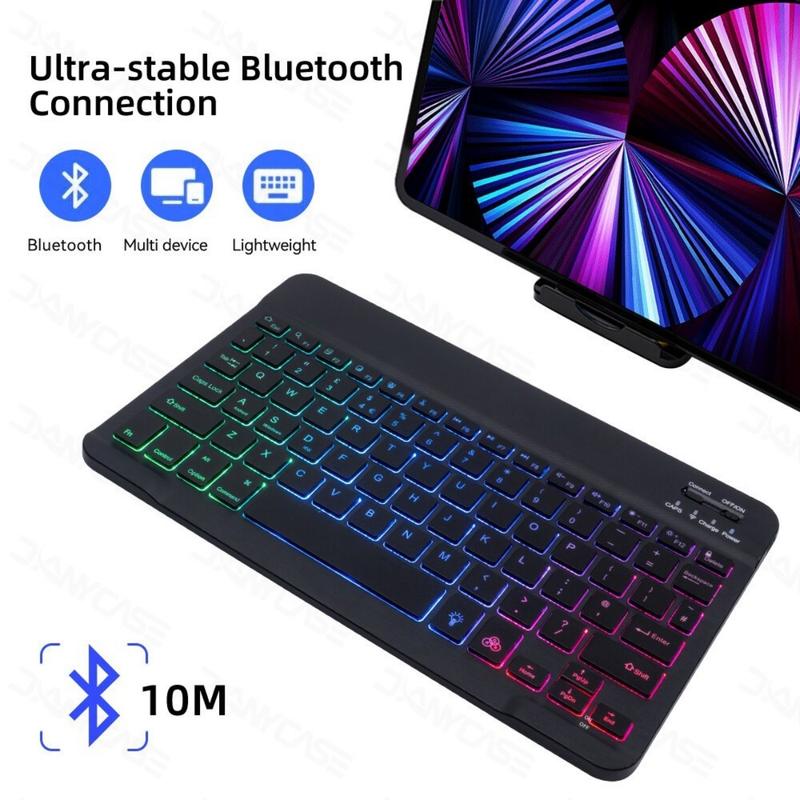  Bàn phím không dây RGB 10 inch có thể sạc lại cho iPad Android iOS Mỏng Protable không có máy tính cho iPad Samsung Xiaomi Huawei Tablet Infinix XPad Redmi Pad Keyboard và Máy tính bảng Bàn phím và chuột không dây Mini Combo Keyboard and Mouse 