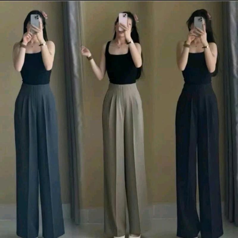  Quần tây ống rộng nữ cạp liền lưng cao có khoá kéo bên hông   vải gold loại 1 mềm mịn sóng quần  dài trên 100cm 