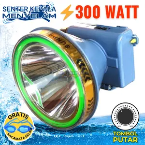 Cod Senter Kepala Selam 300 Watt ORI SUNPRO S-8965 Sinar Putih Tombol Dimmer / Diputar Dengan LED Indikator Baterai BONUS Kaca Mata Selam | senter proyek | senter kepala jumbo 300 Watt | senter kepala 300 w | headlamp 300 watt | senter kepala original