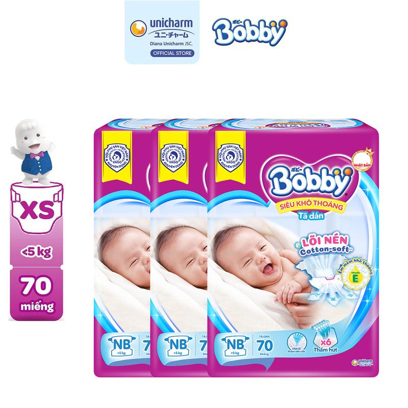 [COMBO 3] Bobby Tã/bỉm dán XS70 Siêu khô thoáng Tinh chất gạo non cho bé