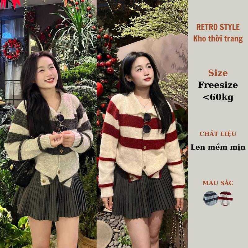 Áo len cardigan lông cổ bẻ kẻ đỏ kẻ xám cho nữ - Women AolenkeA756