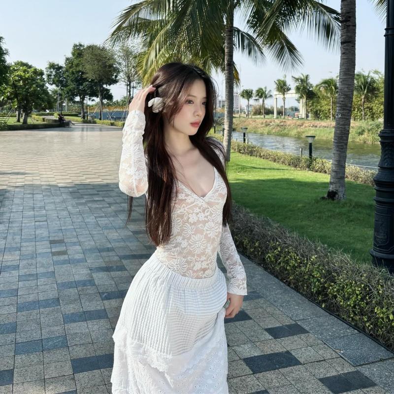 Áo Ren Nữ Ôm Body Tay Dài PINKSTORE29 Xuyên Thấu Gợi Cảm A51050 Women Nhung