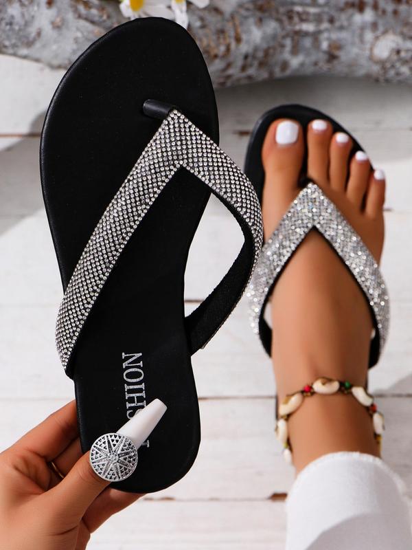 Women's Rhinestone Decorated Flat Flip Flops, 1 Pair Fashionable Casual Versatile Beach Slippers, Summer Beach Shoes for Women & Girls 5