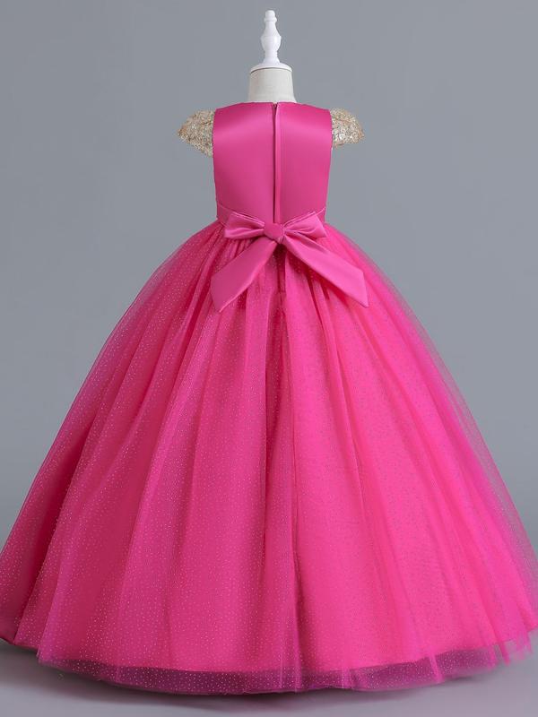 Girl's Floral Embroidery Contrast Sequin Big Bow Puff Sleeve Party Satin Dress, Kids Clothes 7