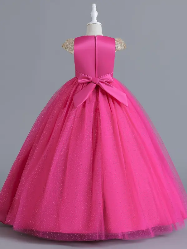 Girl's Floral Embroidery Contrast Sequin Big Bow Puff Sleeve Party Satin Dress, Kids Clothes 7