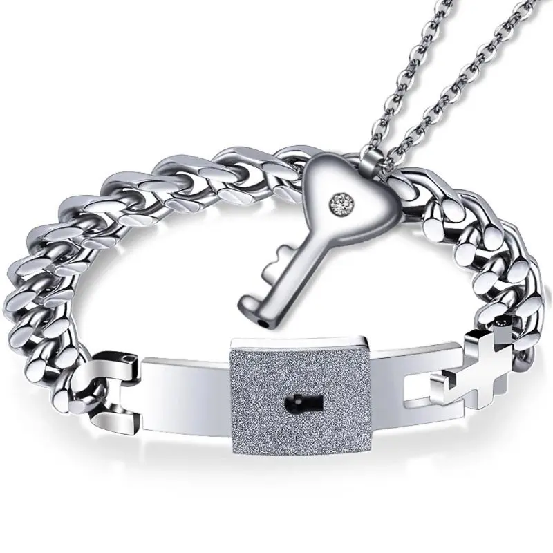 Couple Love Heart Lock Bangle Bracelet and for Key Pendant Necklace for Annivers
