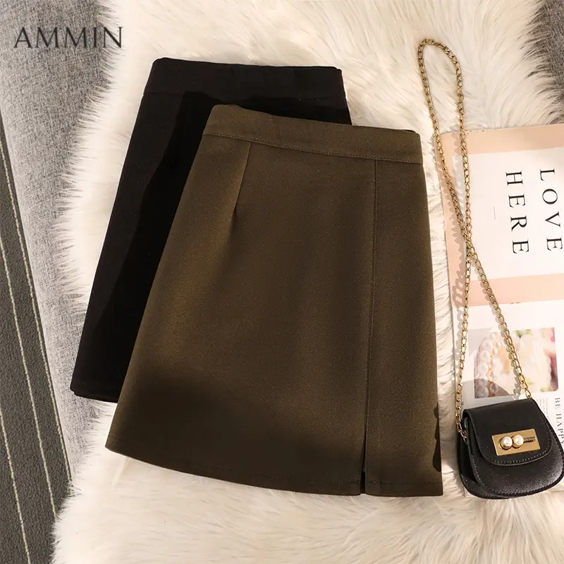 AMMIN Korean style high-waisted simple solid color split half skirt women 2024 spring and autumn retro A-line anti-walk short skirt