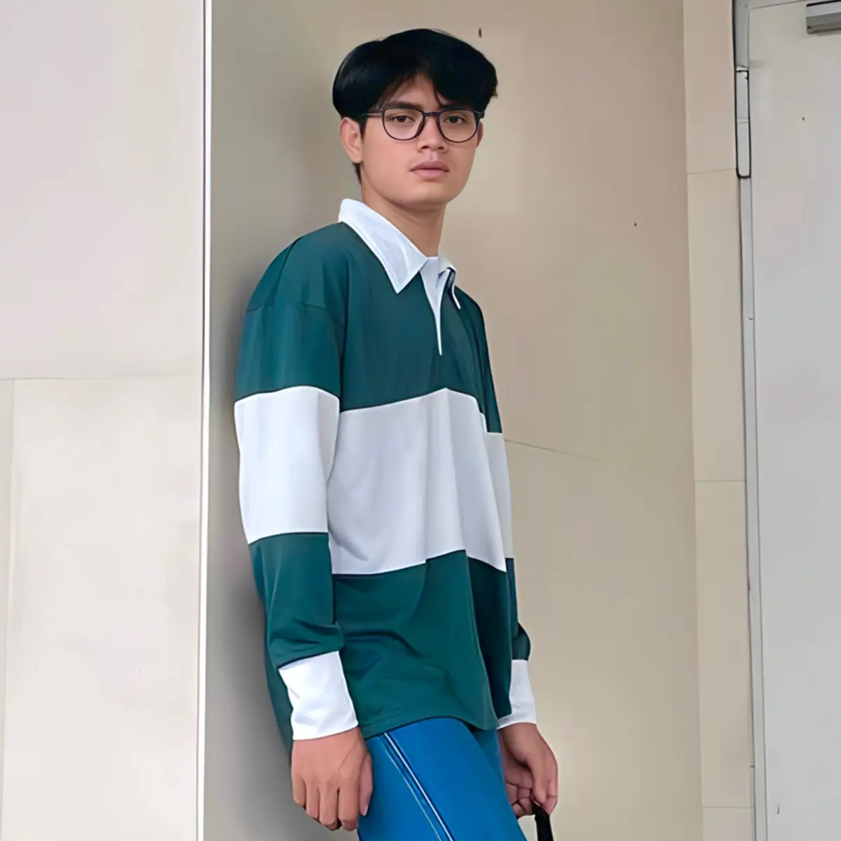 CANDY Rugby Shirt Kaos Motif Stripe Polo Pria dan Wanita Kaos Oversize Polo Shirt Unisex Kancing Kerah Tangan Panjang Baju Garis