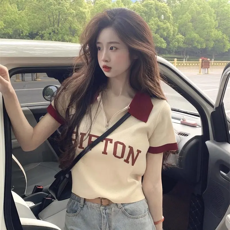 Áo Thun Dệt Kim, Thiết Kế Đẹp, Dành Cho Quần Áo Nữ, Độc Đáo Và Dáng Rộng Rãi, ngắn Tay, Áo Cổ Polo, Thích Hợp Cho Mùa Thu, Áo Sơ Mi Lớp Nền Cô Gái Nóng Bỏng, Bó Eo Top Cổ Tròn Women