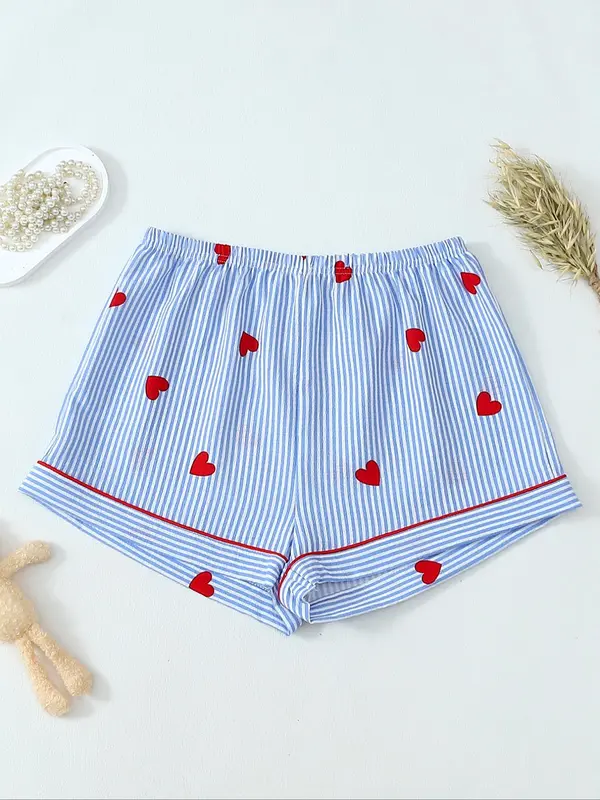 Women's Heart & Striped Print Short Sleeve Pajama Two-piece Set, Cute Casual Comfy Button Front Chest Pocket Design Lapel Neck Top & Elastic Waist Shorts PJ Set, Ladies Sleepwear for All Seasons 7