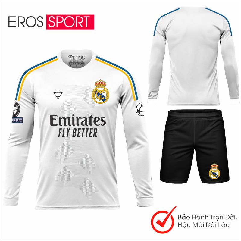 Quần áo bóng đá Tay Dài Real D4 Trắng, vài thun lạnh, đồ thể thao Nam Top mẫu mới Eros Sport
