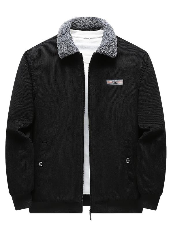 Men's Solid Zip Up Thermal Lined Corduroy Jacket, Regular Fit Long Sleeve Collared Zip Front Outerwear for Fall & Winter, Men's Clothes for Daily Wear 2