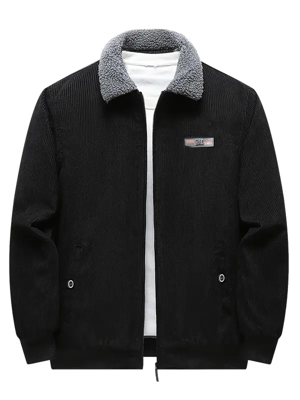 Men's Solid Zip Up Thermal Lined Corduroy Jacket, Regular Fit Long Sleeve Collared Zip Front Outerwear for Fall & Winter, Men's Clothes for Daily Wear 2