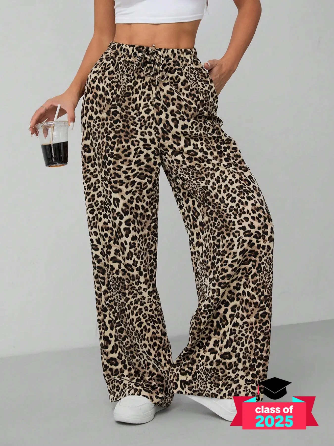 Women's Leopard Print Tie Front Pocket Wide Leg Pants, Casual Comfy Straight Leg Trousers for Daily Wear, Ladies Bottoms for All Seasons, Womenswear