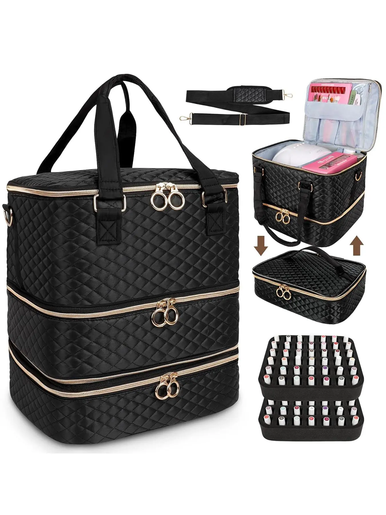 Large Capacity Nail Polish Storage Bag, 3 Layer Nail Art Tool Storage Bag with Adjustable Strap, Zipper Makeup Organizer Pouch for Travel