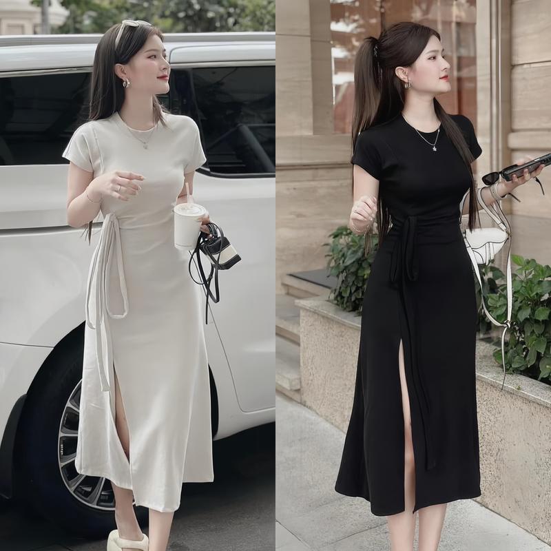 Đầm váy nữ thun gân tay ngắn cổ tròn kèm dây thoắt nơ eo xẻ tà dáng dài xinh xắn dành cho các nàng diện đi chơi đi tiệc Women Dress