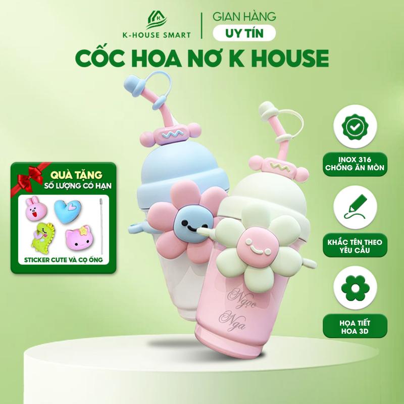 Bình giữ nhiệt bông hoa cute K House 700ML inox cao cấp 316 có nắp, ống hút có nắp, dây đeo tặng kèm sticker+ cọ vệ sinh ống