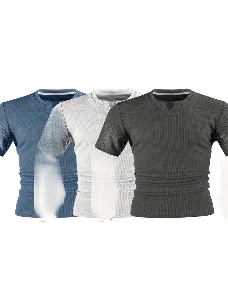 Product Introduction of Men's Regular Fit Plain Notched Neck Waffle Knit Tee, Casual Short Sleeve T-shirt for Summer, Clothing, Men's Top for Daily Wear 9