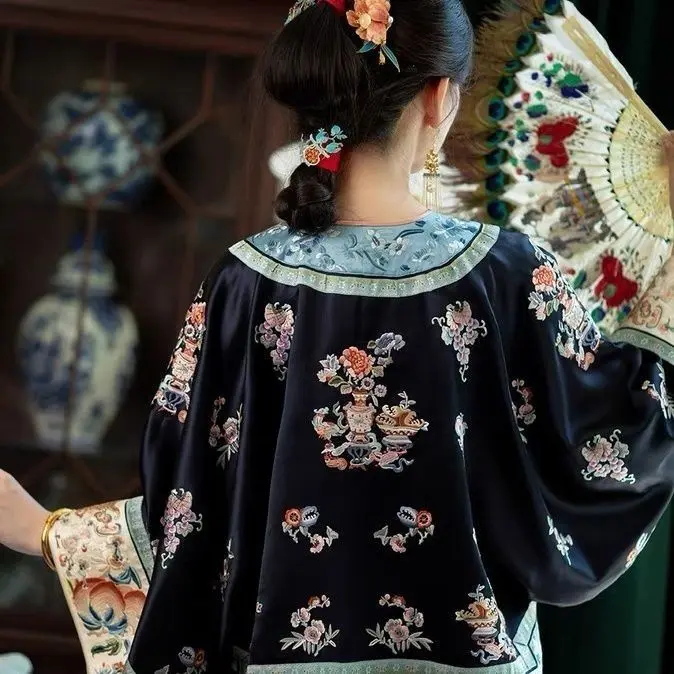 Áo Nữ, Yjuang Thanh Lịch, Hàng Mới Về Mùa Thu, Được Làm Bằng Vải Satin, Công Nghiệp Nặng, In Thêu Toàn Bộ Giả, Cổ Bẻ Áo Pipa, Phục Hồi Phong Cách Thanh Han 4