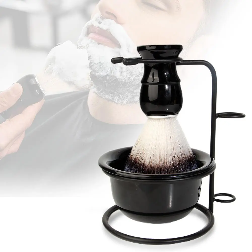 Men's Shaving Brush Set, 3 Counts/set Including Soft Hair Brush & Durable Zinc Alloy Bracket & Elegant ABS Soap Bowl Cup, Professional Shaving Clean Tool for Men