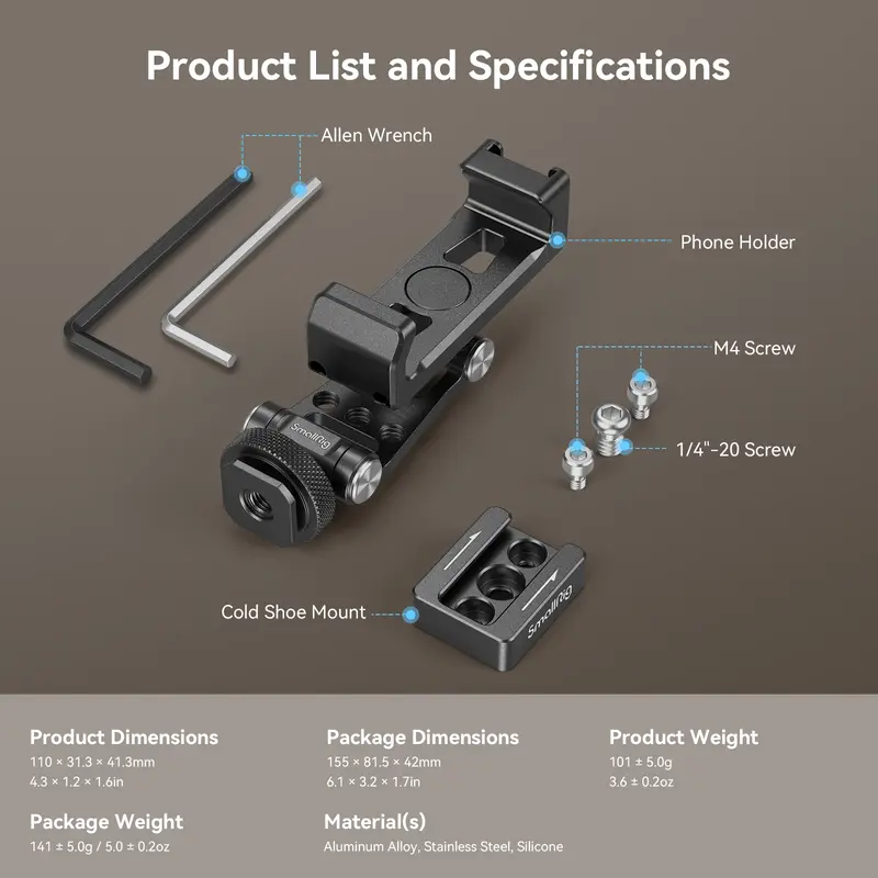 SMALLRIG Universal Phone Tripod Mount, Metal Cell Phone Mount with Cold Shoe Mount and M4 Screws for DJI Stabilizers, Free Adjustment Phone Mount Adapter for iphone16 Pro/MAX, for Samsung Galaxy - 4301 Smartphone Accessories 7