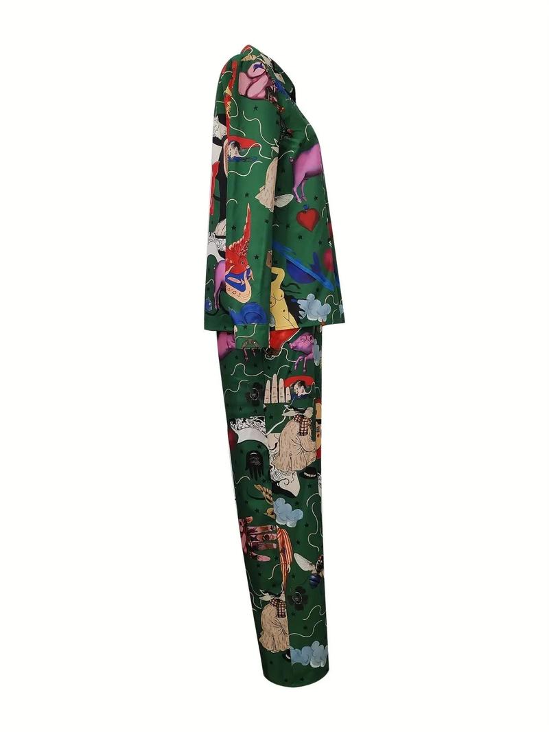 Product Introduction of Women's Cartoon Print Button Front Shirt & Elastic Waist Pants Two-Piece Set, Casual Long Sleeve Top & High Waist Trousers for Daily Wear, Ladies Summer Clothes 4
