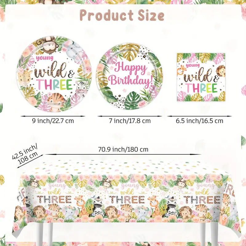 Jungle Themed Birthday Party Decoration Set, 72pcs/set Including Happy Birthday Banner, Plate, Napkin, Fork, Straw, Cup, Tablecloth, Party Supplies, Gifts 1