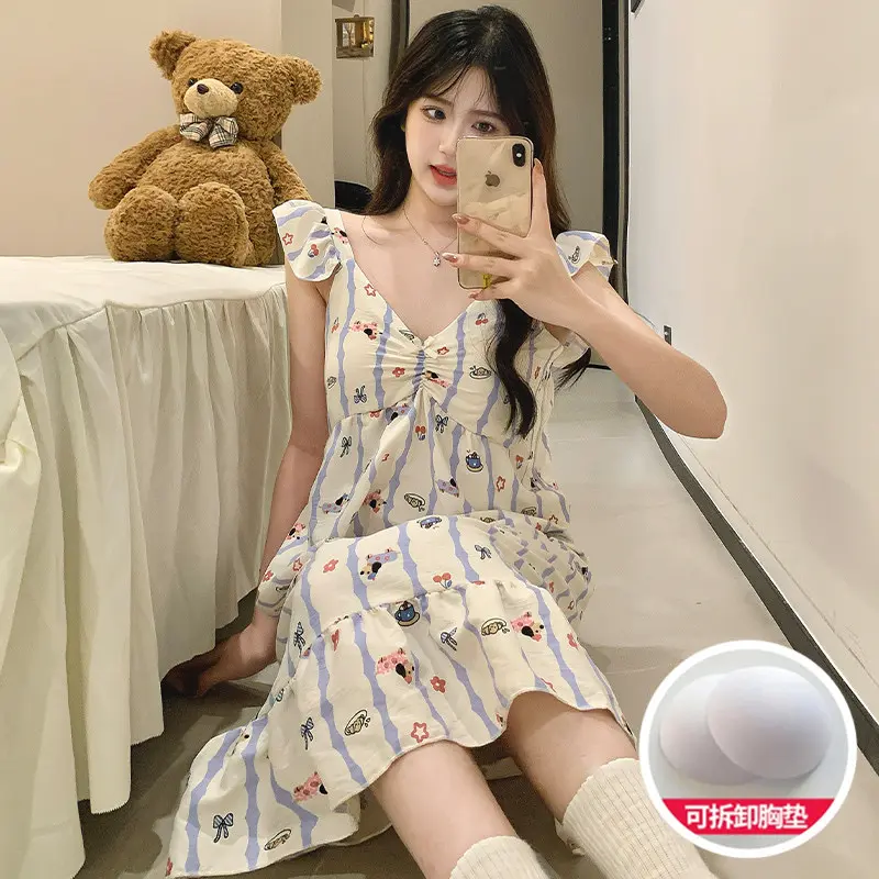 There is a New Style Cotton Cloud Chest Pad Mid-Length Summer Women's Nightgown with Small Flutter Sleeves Sweet Style Homewear Sleepwear Set