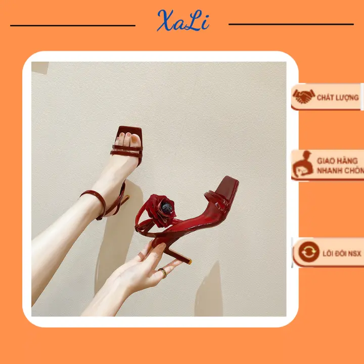 Cao Gót Nữ XALI Gắn Bông Cúc Quai Hậu Gót Cao 7cm  Sandal Nữ Xi Bóng Màu Đỏ Đen - CGBC DéP Shoes Hoa Women Cao Su   cao giày
