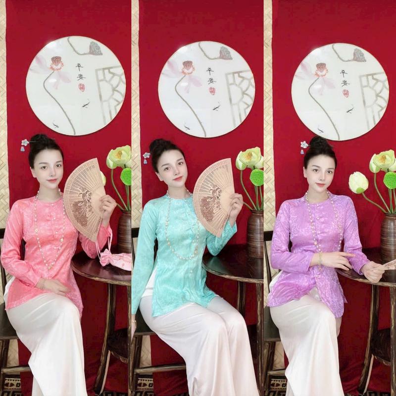 ÁO BÀ BA GẤM ÁO LẺ BÀ BA TAY DÀI CỔ TRÒN QUẦN TRẮNG HOẶC ĐEN ĐỦ SIZE Women Kem Top Nữ Top