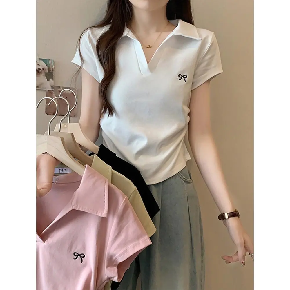 Youth school girl Polo straight shoulder short-sleeved T-shirt lapel bow embroidery pleated waist design top
