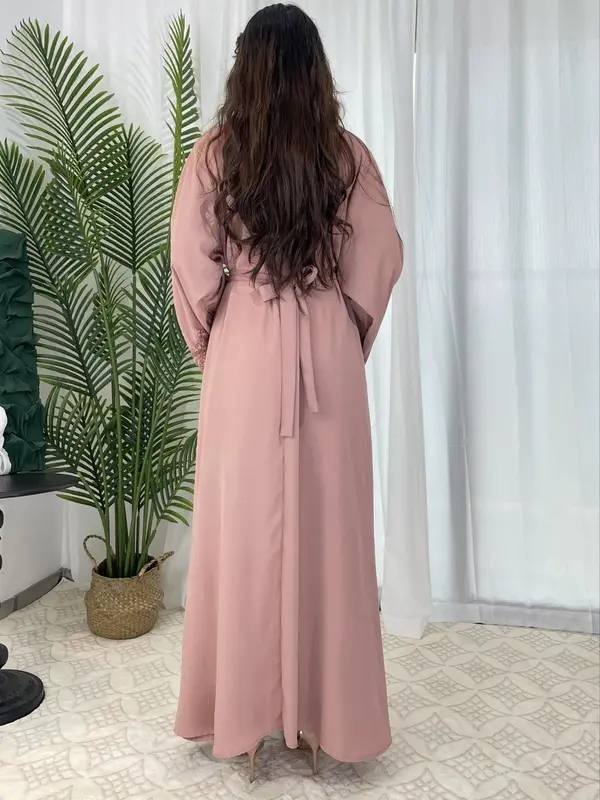 Arabic Clothing-Women Embroidered Abaya Dress, Fashion Contrast Lace Long Bell Sleeve Loose Maxi Arabian Dress with Belt, Islamic Clothes Caftan, Maxi Dresses for Women, Summer Outfits 2024, Bridal Abaya 5