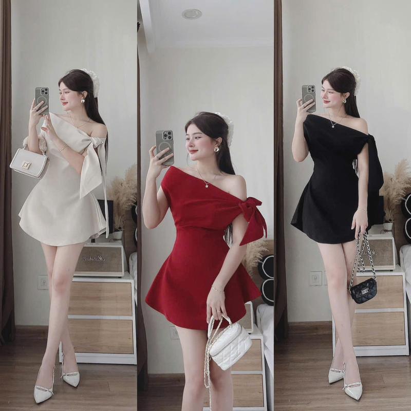 D673 ĐẦM THIẾT KẾ BIGSIZE LỆCH VAI CỘT NƠ DÁNG NGẮN (TÁO ĐỎ BIGSIZE 55-90KG)