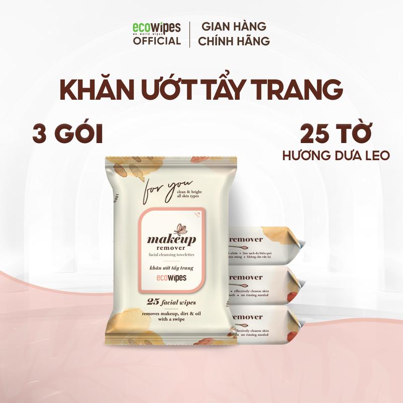 Thùng 03 gói khăn ướt tẩy trang cao cấp EcoWipes Makeup Remover gói 25 tờ làm sạch lớp trang điểm nhanh chóng cấp ẩm dưỡng da
