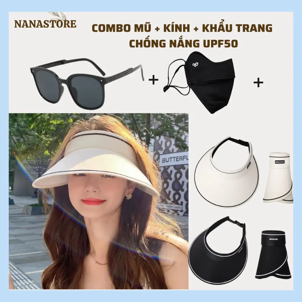 COMBO Mũ + Kính + Khẩu trang chống Nắng, Mũ vải vành rộng gấp gọn cho mùa hè Cao Su