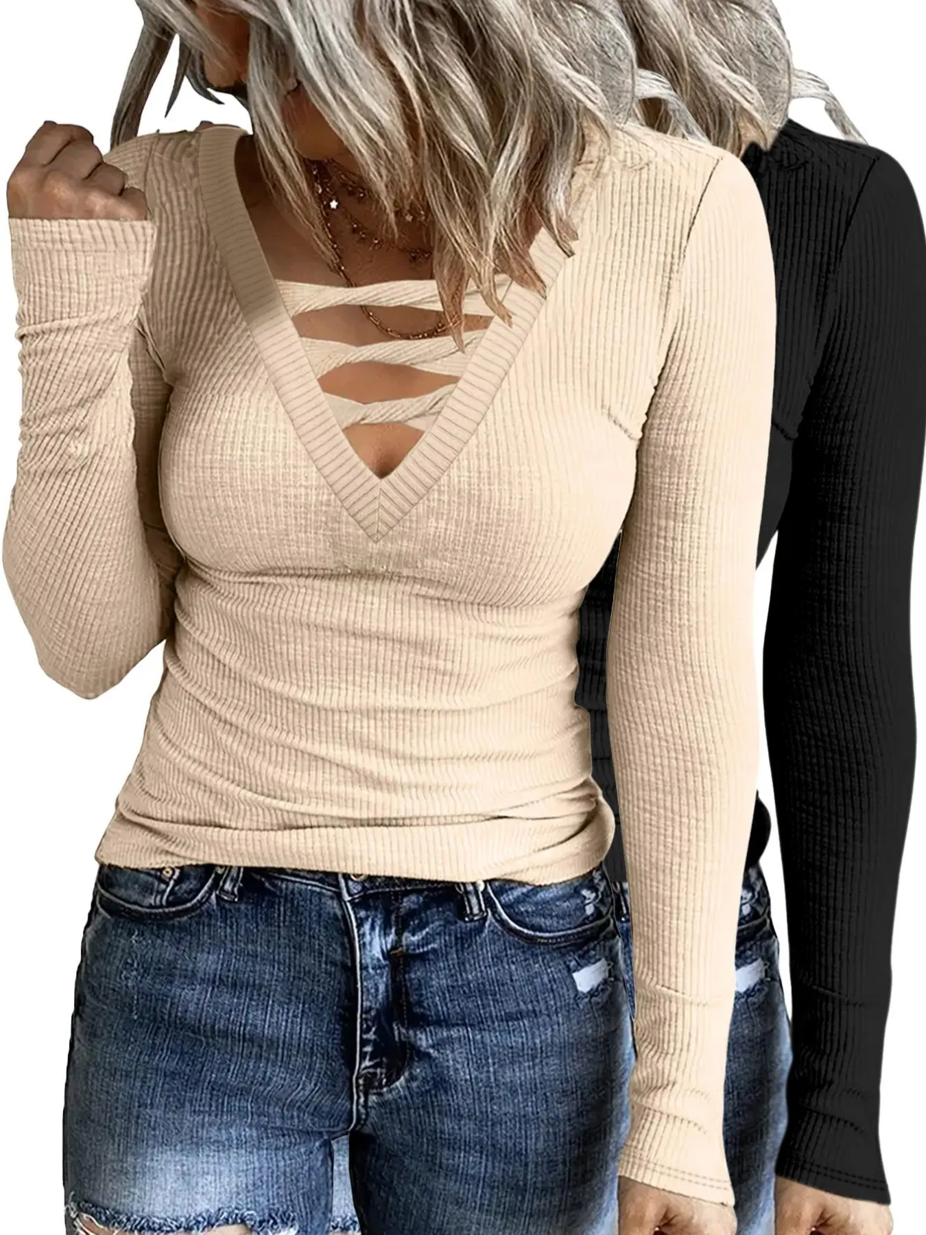 Women's Plain Twist Cut Out V Neck Tee, Casual Long Sleeve Ribbed T-shirt for Summer, Fashion Ladies Clothes for Daily Wear