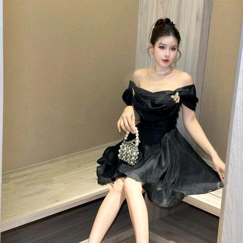 Đầm nữ 2 dây bệt vai tơ ánh kim kèm phụ kiện đi tiệc siêu xinh Women Dress 8