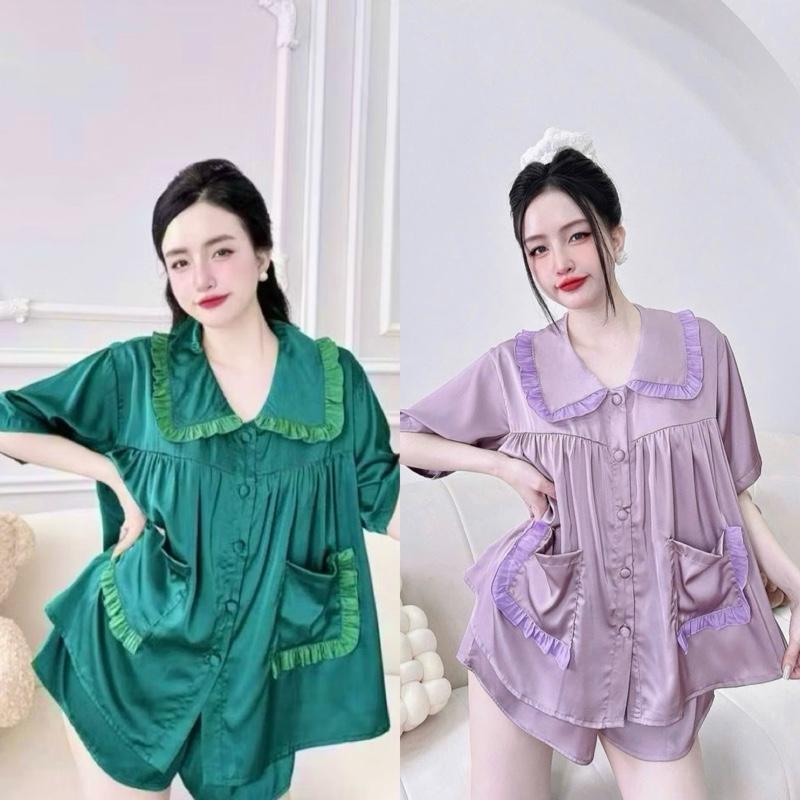 Set Bộ Mặc Nhà Lụa Tơ Tằm Babydoll Cổ Bèo 2 Túi Tiểu Thư Dành Cho Nữ Women 45-80kg