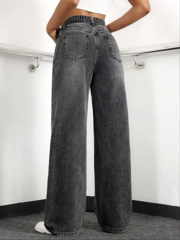 Women's Plain Wide Leg Denim Jeans, Casual Comfy Pocket Button Fly Trousers for Daily Wear, Ladies Bottoms for All Seasons, Pants, High Rise Jeans 4