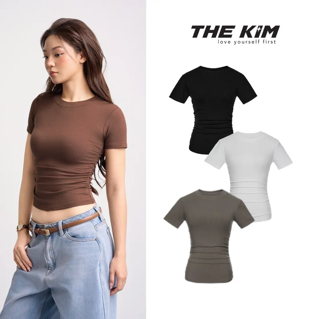 THE KIM Áo thun tăm ngắn tay cổ tròn nhún chun cạnh eo , áo thun nữ cotton tôn dáng T271