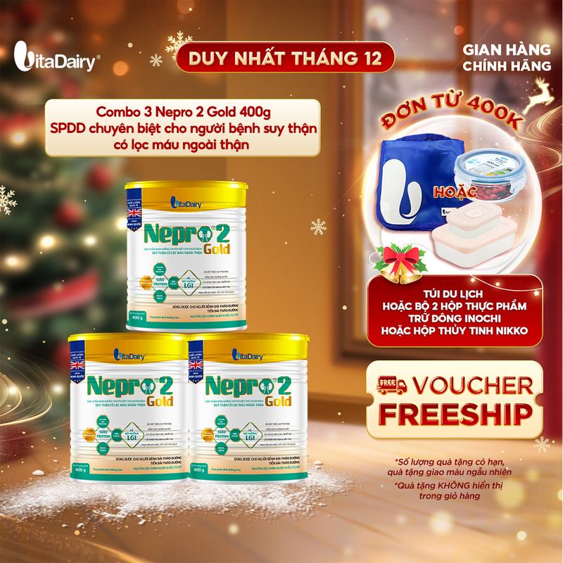 Combo 3 Sữa bột chuyên biệt cho người bệnh suy thận có lọc máu ngoài thận Nepro 2 Gold 400g - Vitadairy