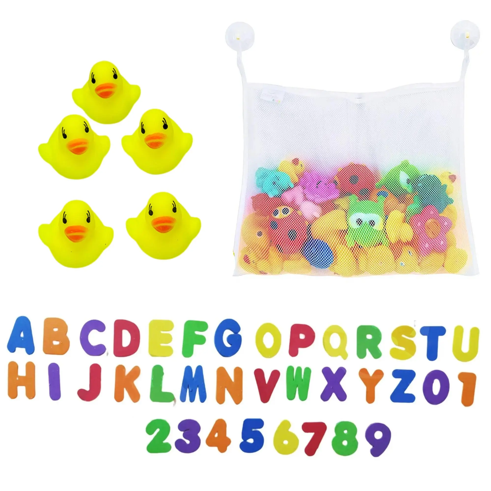 Spring Bath Toys for Mummy Fun Time, 1pc Mesh Storage Bag & 36pcs Bath Letters Numbers & 5pcs Little Yellow Duck, Bath Toys for Bathroom Swimming Pool Beach
