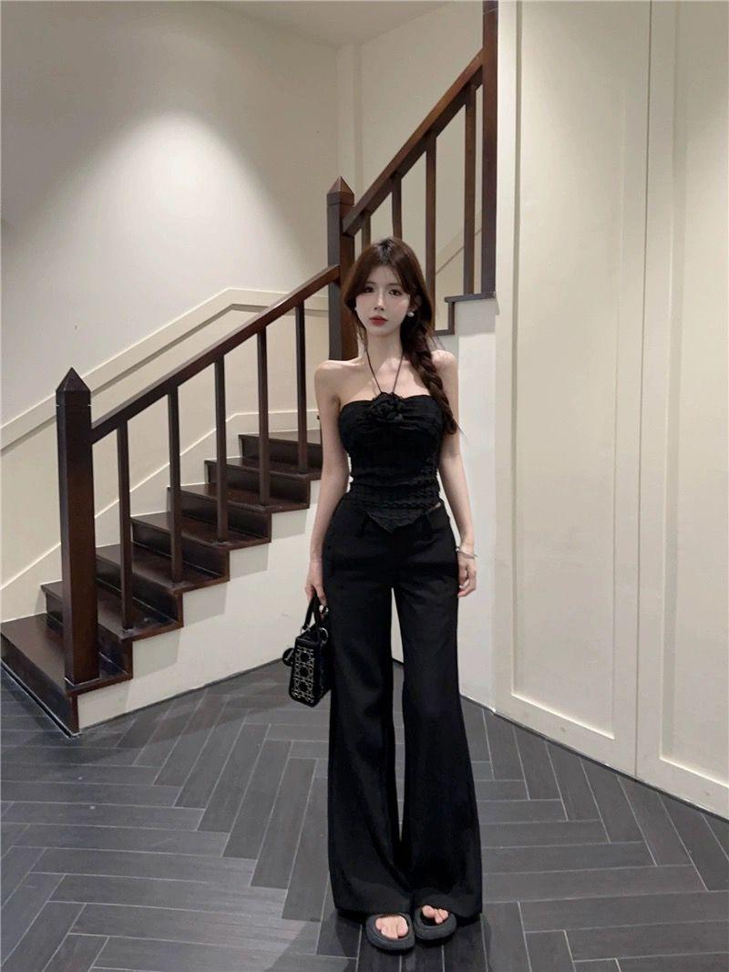 Product Introduction of Unique and unique three-dimensional flower hanging neck tank top, tight fitting irregular women's top 8