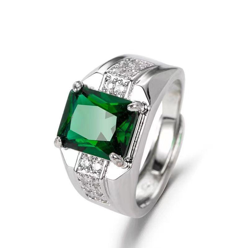 Product Introduction of New Wish Cross-Border Emerald Men's Ring European and American Blue Diamond Green Pointed Crystal Trendy Men's Open Ring Finger 6
