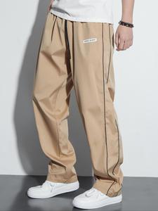 Men's Solid Color Letter Patched Side Stripe Pattern Drawstring Waist Sweatpants, Loose Casual Comfy Pocket Straight Leg Trousers for Spring & Fall, Fashion Men's Bottoms for Daily Wear