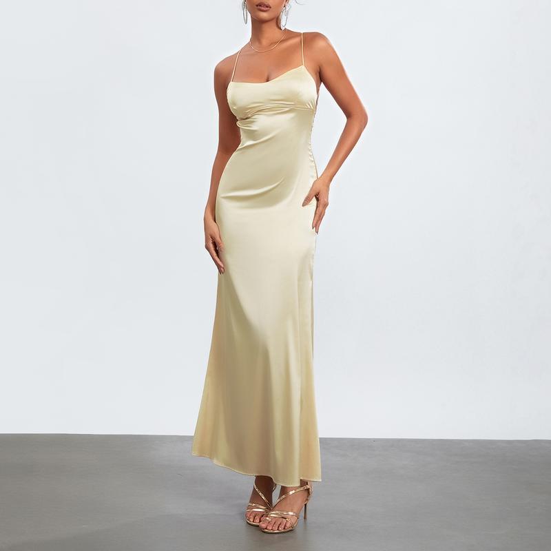 Women's Summer Long Slip Dress Solid Color Sleeveless Spaghetti Strap Low Cut Backless Slim Dress 1