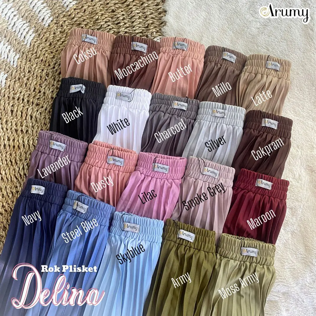 DELINA ROK PLISKET WANITA DEWASA STANDART JUMBO WARNA LATTE COKSU BUTTER COKPRAM MAROON BLACK HITAM WHITE PUTIH SKY BLUE STEEL CHARCOAL DUSTY LILAC ARMY GRAPE MAROON MILO MOCCACHINO MOSS SMOKE GREY NAVY BIRU COKLAT MERAH DONGKER SILVER COD BAYAR DITEMPAT