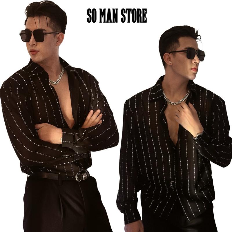 (G009) Áo Sơ Mi Nam Tay Dài Lưới Xuyên Thấu MỎNG Phom Rộng Vải Ánh Kim Bling Thiết Kế - Đi Sự Kiện Sang Chảnh -Phong Cách Unisex Hàn Thương Hiệu SO MAN  Menswear