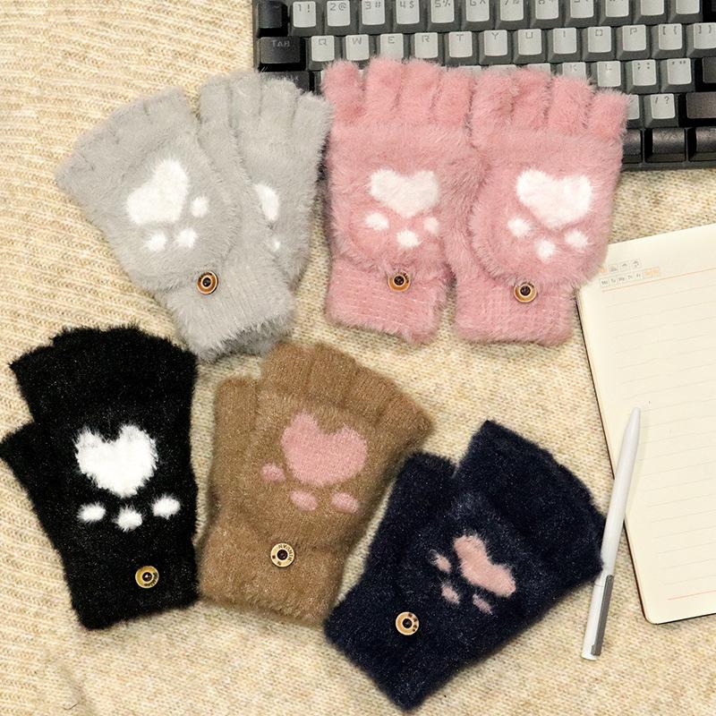 Găng tay mùa đông hở ngón bằng vải nhung mềm hình chân mèo trái tim cute dễ thương dành cho nam nữ